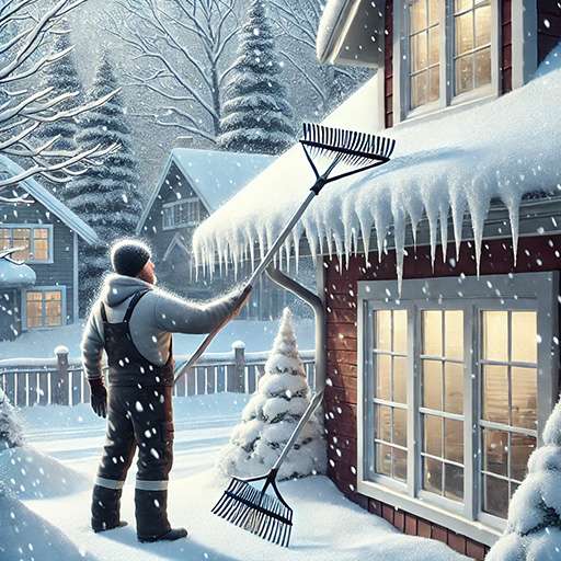 Can-Gutters-Help-with-Ice-Dams-in-Winter-Remove-Snow-Buildup - Spring Rain Gutters A man removing snow on a roof