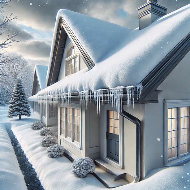 Can-Gutters-Help-with-Ice-Dams-in-Winter-what-are-ice-dams - Spring Rain Gutters a house with snow and ice.